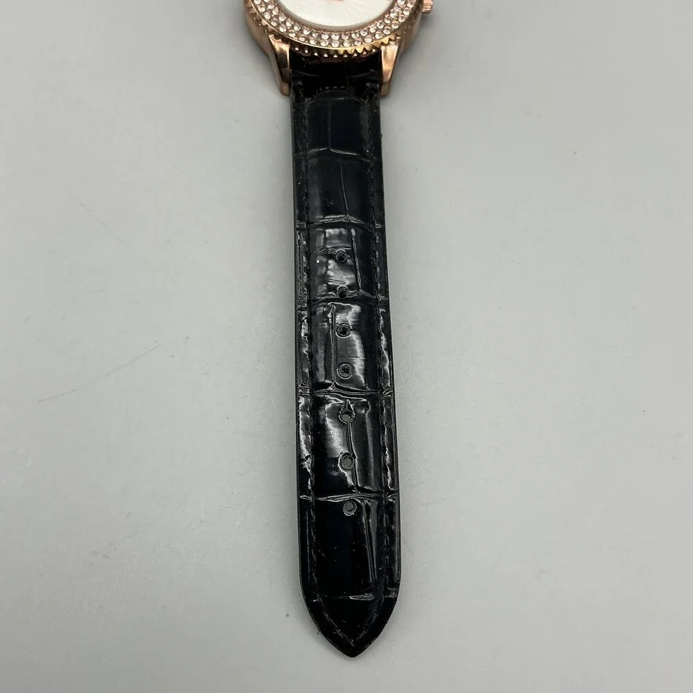 Stauer Womens Watch 38mm Silver Gold Tone Crystals Black Leather Strap